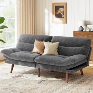 Marsail Futon Sofa Bed, Corduroy Futon Couch with Adjustable Backrest & Armrests, Convertible Small Sleeper Sofa Bed for Small Apartments, Study Room, Office, Grey
