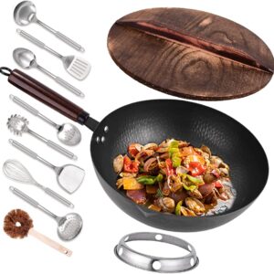 12.8" Carbon Steel Wok-11Pcs Woks & Stir Fry Pans Wok Pan with Lid, No Chemical Coated Chinese Wok with 10 Cookware Accessories, Flat Bottom Wok for Electric, Induction,Gas Stoves