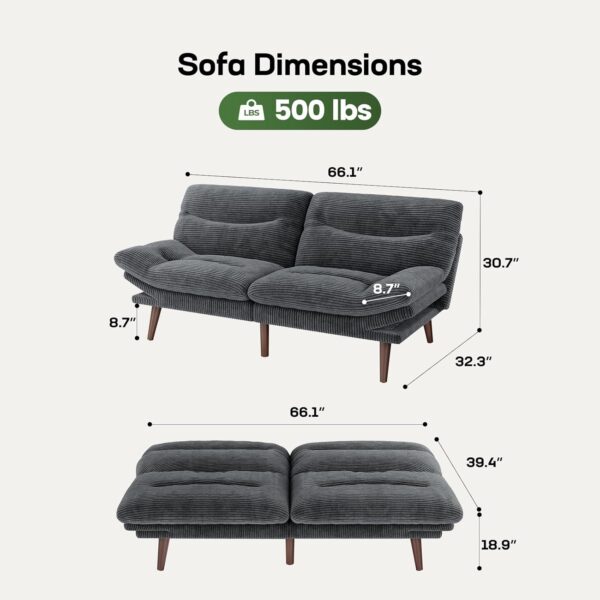 Marsail Futon Sofa Bed, Corduroy Futon Couch with Adjustable Backrest & Armrests, Convertible Small Sleeper Sofa Bed for Small Apartments, Study Room, Office, Grey