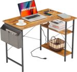 Small L Shaped Desk with Power Outlets, 40 Inch Computer Corner Desk with Reversible Shelves, Gaming Desk, Study Writing Table for Home Office, Rustic Brown