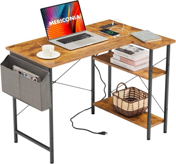 Small L Shaped Desk with Power Outlets, 40 Inch Computer Corner Desk with Reversible Shelves, Gaming Desk, Study Writing Table for Home Office, Rustic Brown