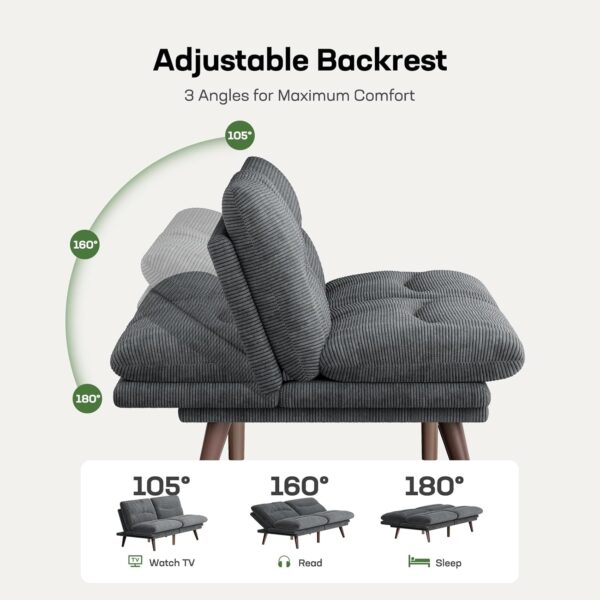 Marsail Futon Sofa Bed, Corduroy Futon Couch with Adjustable Backrest & Armrests, Convertible Small Sleeper Sofa Bed for Small Apartments, Study Room, Office, Grey