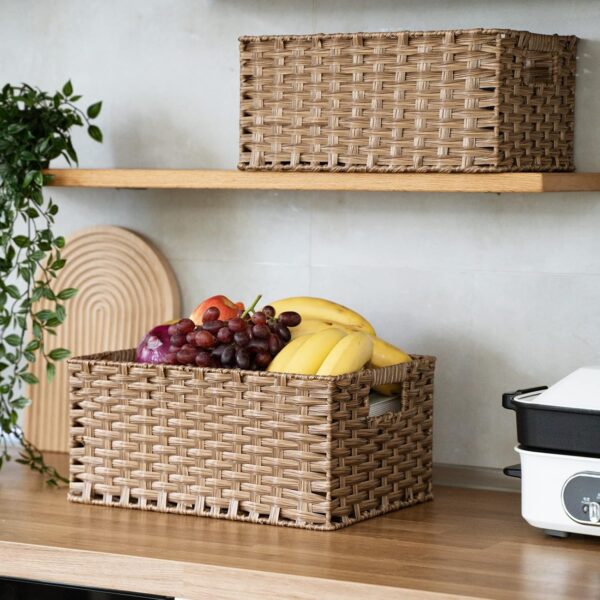 Wicker Baskets 2 Pack, Wicker Storage Basket with Handles, Large Wicker Baskets for Storage, Waterproof Wicker Baskets for Organizing, Large Storage Baskets Wicker 15" and Medium 14", Brown