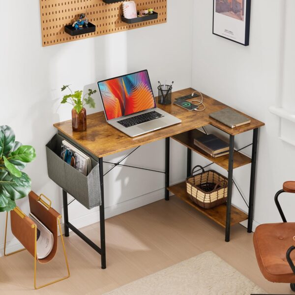 Small L Shaped Desk with Power Outlets, 40 Inch Computer Corner Desk with Reversible Shelves, Gaming Desk, Study Writing Table for Home Office, Rustic Brown