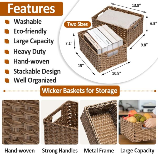 Wicker Baskets 2 Pack, Wicker Storage Basket with Handles, Large Wicker Baskets for Storage, Waterproof Wicker Baskets for Organizing, Large Storage Baskets Wicker 15" and Medium 14", Brown