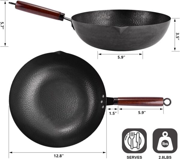 12.8" Carbon Steel Wok-11Pcs Woks & Stir Fry Pans Wok Pan with Lid, No Chemical Coated Chinese Wok with 10 Cookware Accessories, Flat Bottom Wok for Electric, Induction,Gas Stoves