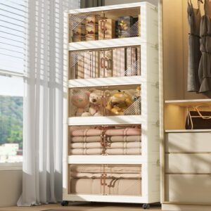 5 Storage Bins with 5 Lids, 23 Gal Collapsible Storage Bins, 5 Packs Stackable Storage Bins with Wheels,Large Closet Organizers and Storage, Double Door Stackable Storage Bins for Home,Office