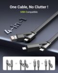 USB C Cable, 4-in-1 USB-C Cable (6ft), 100W USB-C Charger Cable with Hook-and-Loop Fastener and Cable Management, USB-C Cable/Fast Charging for MacBook, iPad, iPhone, Samsung, Gray