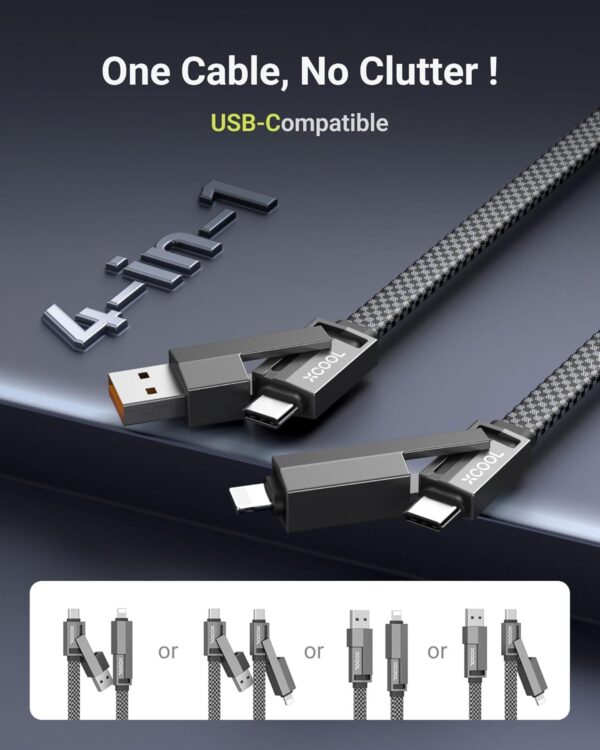 USB C Cable, 4-in-1 USB-C Cable (6ft), 100W USB-C Charger Cable with Hook-and-Loop Fastener and Cable Management, USB-C Cable/Fast Charging for MacBook, iPad, iPhone, Samsung, Gray