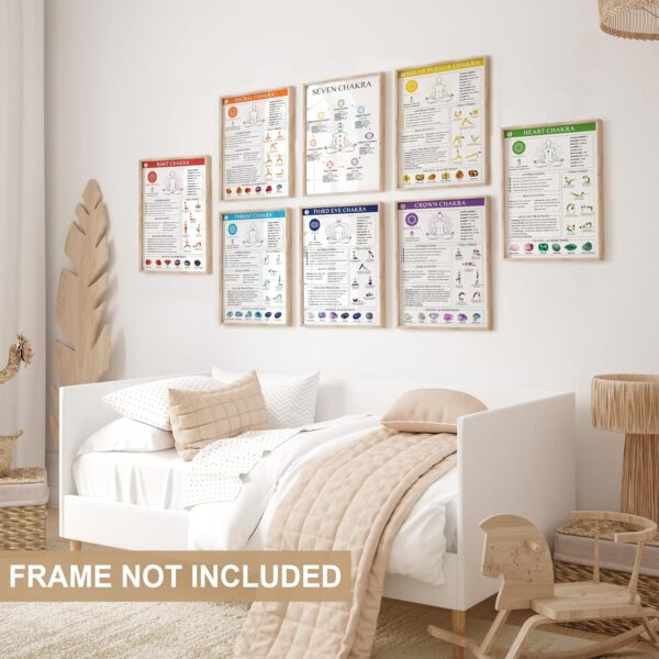8pcs Chakra Poster (10"x14") Yoga Poses Poster, Laminated Spiritual Decor, 7 Chakra Decor Knowledge Vertical Wall Art For Yoga Room, Root, Crown, Throat, Third Eye, Sacral, Reiki Room Home Decorations