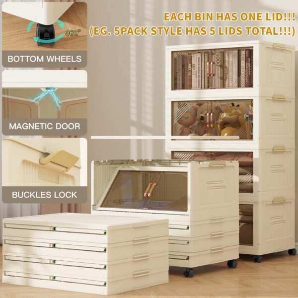 5 Storage Bins with 5 Lids, 23 Gal Collapsible Storage Bins, 5 Packs Stackable Storage Bins with Wheels,Large Closet Organizers and Storage, Double Door Stackable Storage Bins for Home,Office