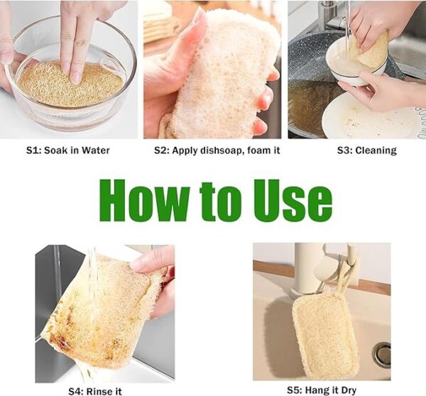 Large Natural Dish Scrubber, Loofah Dishwashing Sponge (6 Pcs), No Scratch for Dish, Large Size 5.2″L*3.2″W, Loofah Plant Kitchen Eco-Scrubber, Zero Waste and Eco Friendly Sponges, Unbleached.