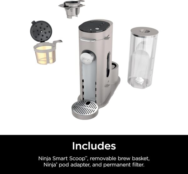 Ninja Pod & Grounds Specialty XL Single-Serve Coffee Maker, K-Cup Pod Compatible, Brews Grounds, Compact Design, Built-In Milk Frother, 68-oz. Reservoir, 6-oz. Cup to 24-oz. Mug Sizes, Stone, PB055AST