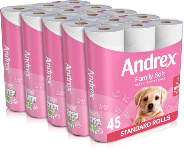 Andrex Family Soft Toilet Tissue 45 Rolls (Previously Andrex Gentle Clean) Gentle on your Family’s skin– Bulk Pack of 45 Toilet Rolls, FSC Certified